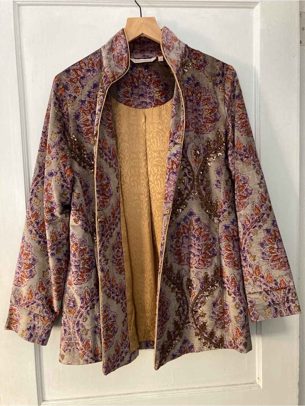 Soft Surroundings Velvet Embroidered Gold and Purple Paisley Jacket Coat Size M